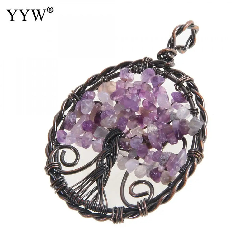 5pc Natural Stone Pendants Reiki Heal Tree Of Life Amethysts Citrines Charms