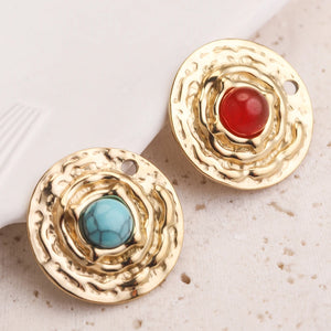 5pc Round Stone & Gold-Plate Charms Pendants DIY Earring Necklaces