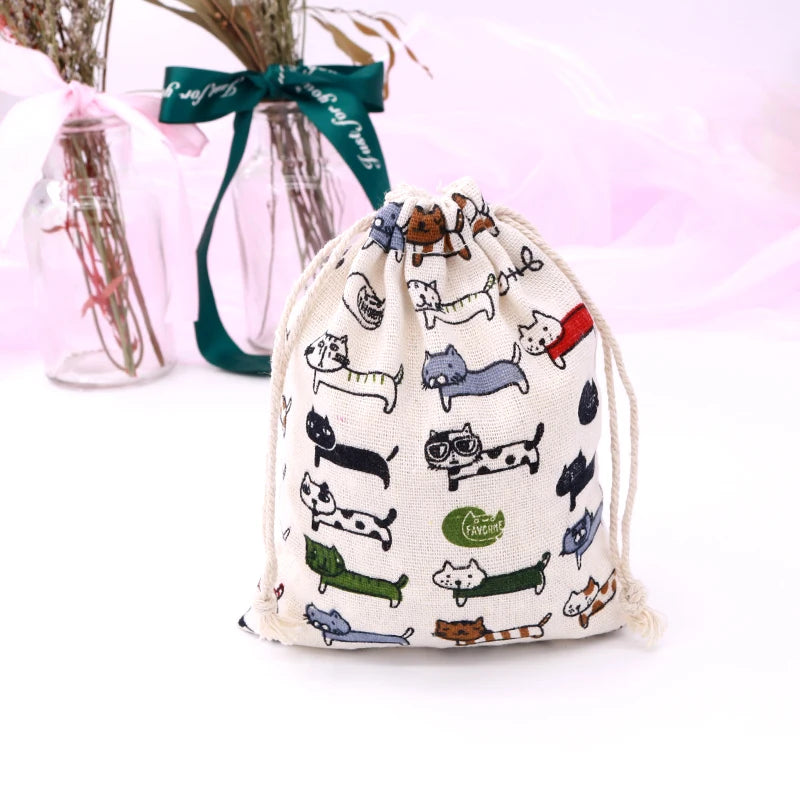 5pcs Cat Cotton Linen Drawstring Bag Small Coin Purse Travel Women Gift