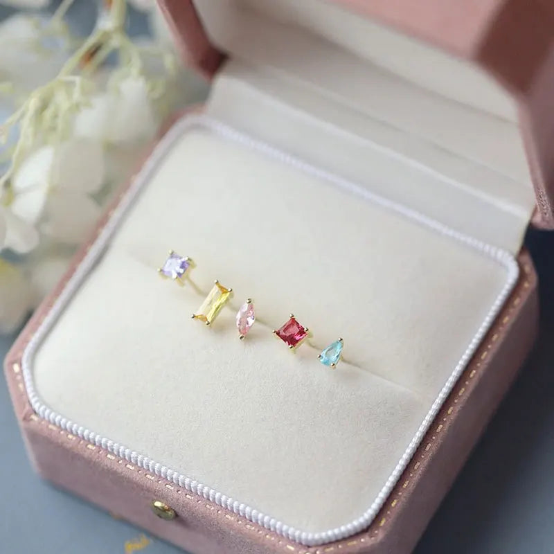 5pcs 14k Plating Zircon Stud Earrings 925 Silver Asymmetry Earings Jewelry