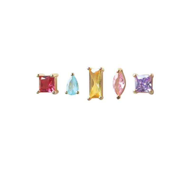 5pcs 14k Plating Zircon Stud Earrings 925 Silver Asymmetry Earings Jewelry