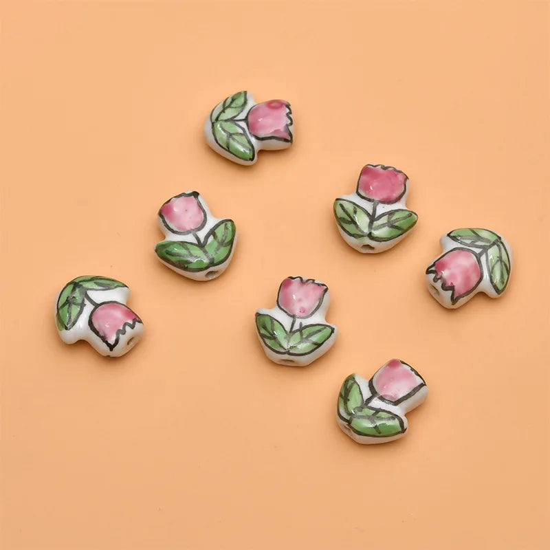 5pcs Hand Painted Flower Ceramic Beads 16x14mm Pink Yellow
