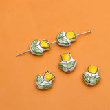 5pcs Hand Painted Flower Ceramic Beads 16x14mm Pink Yellow