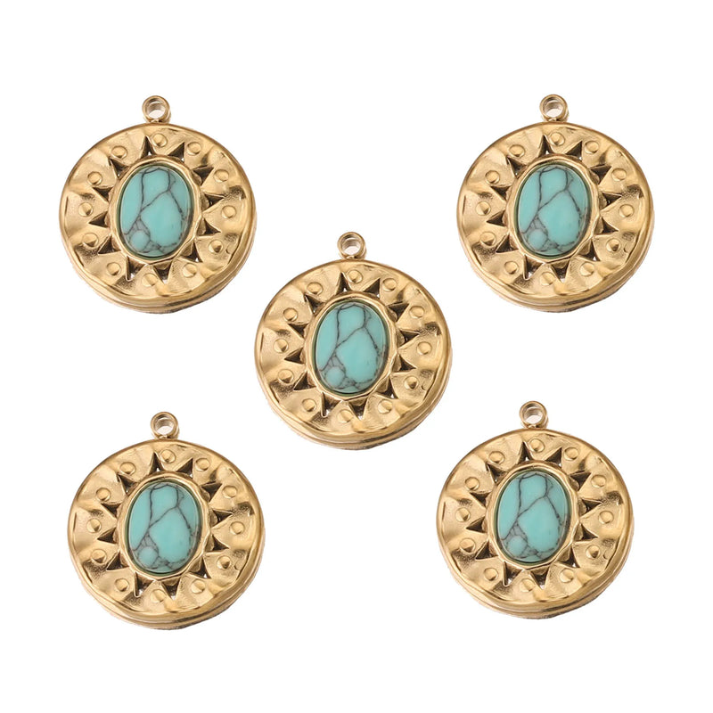 5pcs Natural Stone Sun Flower Charms Stainless Steel Bohemia Star Pendant