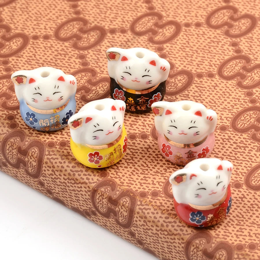 5pcs Multicolor Cat Ceramic Beads Jewelry Making Lucky Cat Porcelain Beads