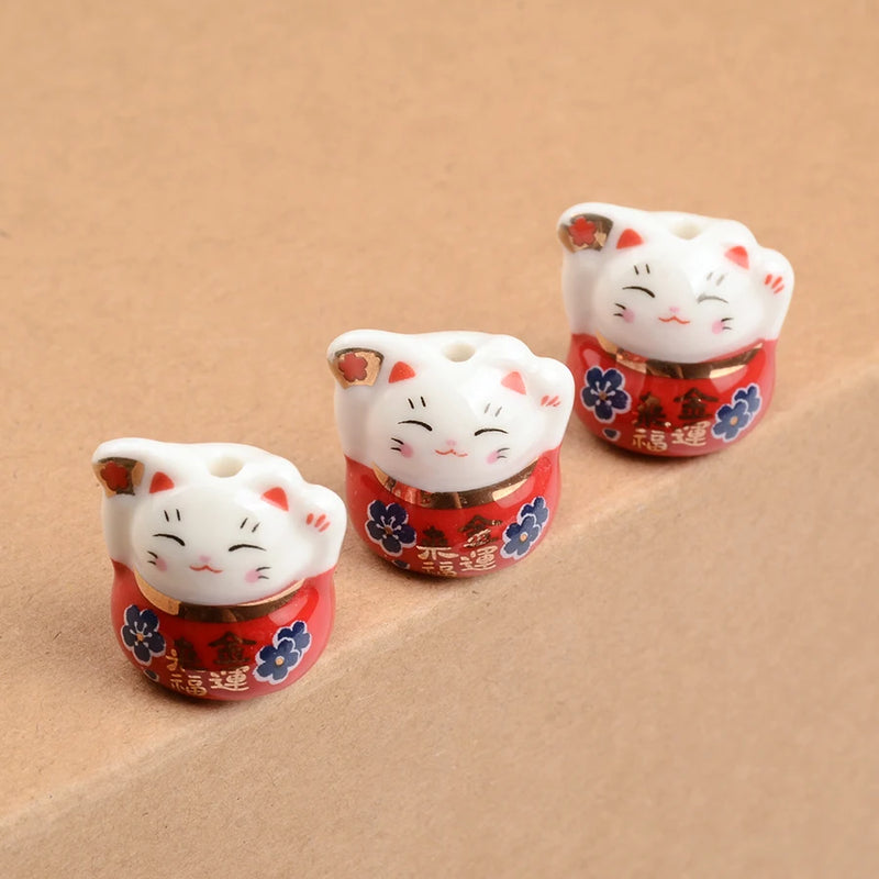 5pcs Multicolor Cat Ceramic Beads Jewelry Making Lucky Cat Porcelain Beads