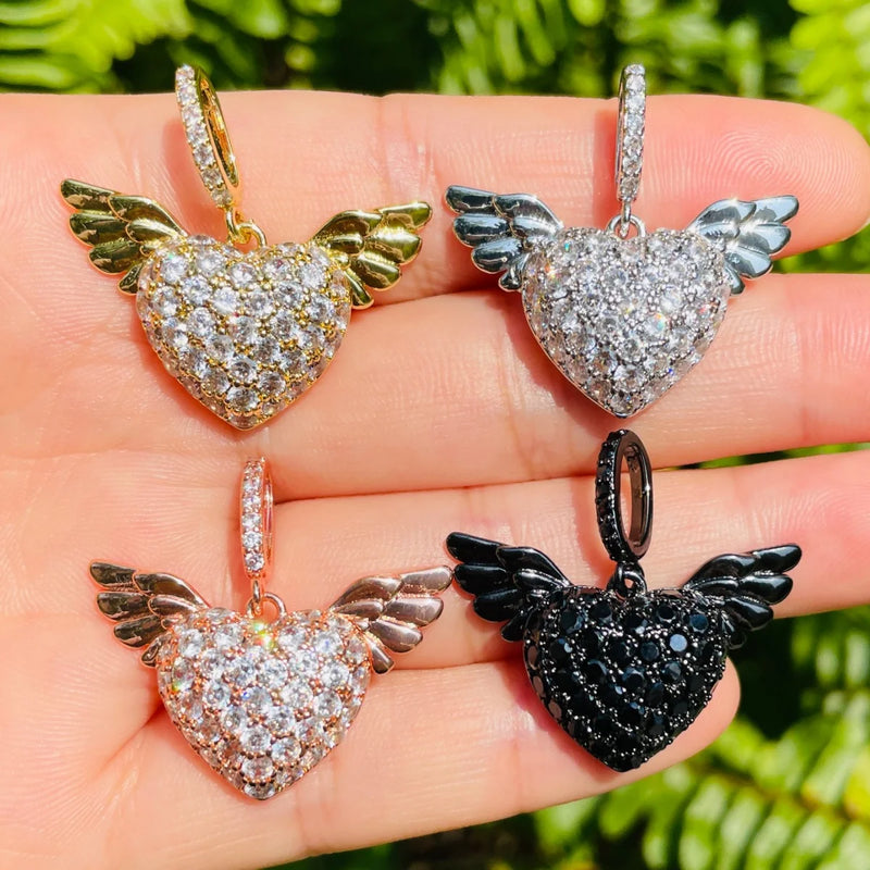 5pcs Zirconia Angel Wing Heart Charm Pendant for Jewelry Making