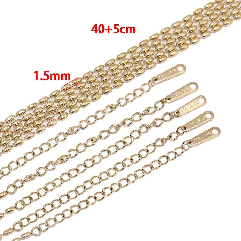 5pcs 40+5cm Stainless Steel Beaded Chains Chokers Necklaces