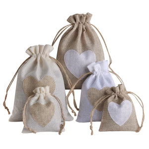 5pcs Heart Print Linen Drawstring Bags Jewelry Pouches