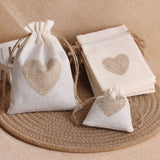 5pcs Heart Print Linen Drawstring Bags Jewelry Pouches