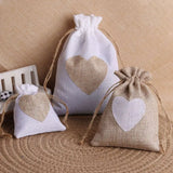 5pcs Heart Print Linen Drawstring Bags Jewelry Pouches
