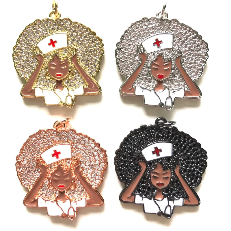5pcs Afro Girl Nurse Charms Zirconia Pendant for Women Bracelet Necklace