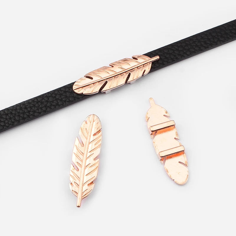 5pcs Antique Brown/Silver Feather Holder Slider Charm for Flat Leather Cord