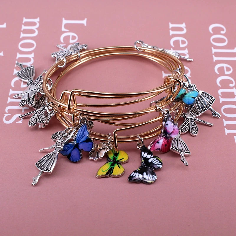 5pcs Butterfly Dragonfly Clover Charm Bangles for Women Girls
