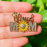 5pcs Blessed Sunflower Mom Zirconia Paved Word Charm Pendant for Mother's Gift