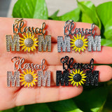 5pcs Blessed Sunflower Mom Zirconia Paved Word Charm Pendant for Mother's Gift