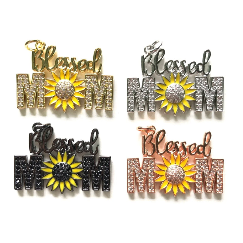 5pcs Blessed Sunflower Mom Zirconia Paved Word Charm Pendant for Mother's Gift