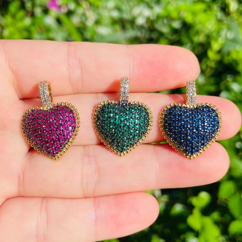 5pcs Green Fuchsia Zirconia Pave Charms Heart Pendants for Women