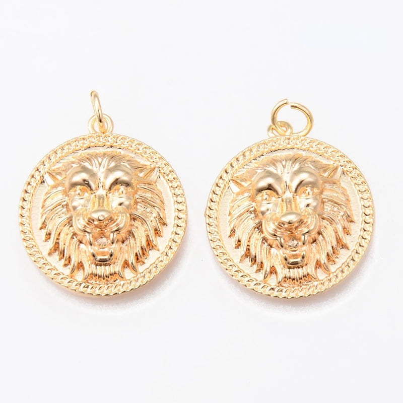 5pcs Brass Pendants Flat Round Lion Hand 18K Plated