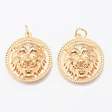 5pcs Brass Pendants Flat Round Lion Hand 18K Plated