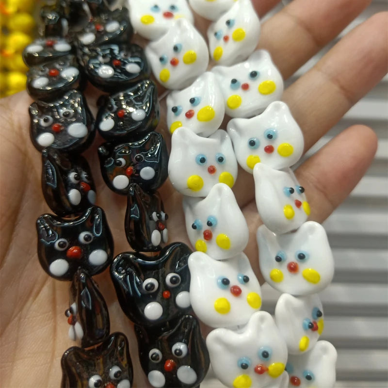 5pcs Cat Head Lampwork Beads 14X16mm DIY Loose Spacer Animal Bead