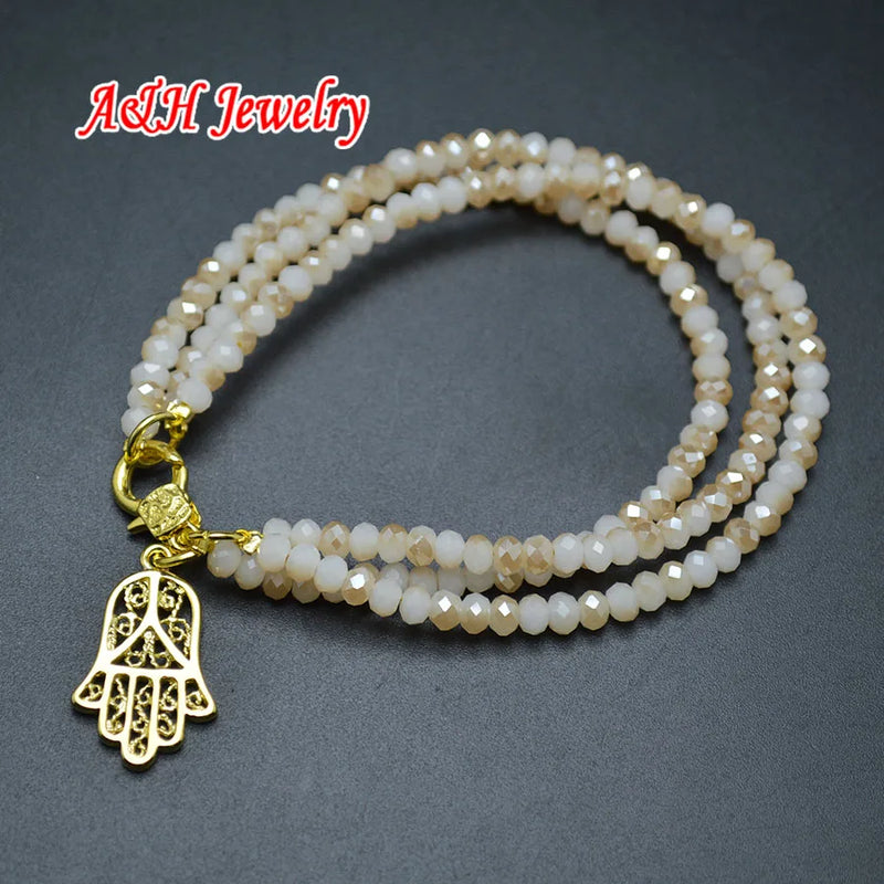 Champagne Crystal Glass Beads Hamsa Charms Bracelets