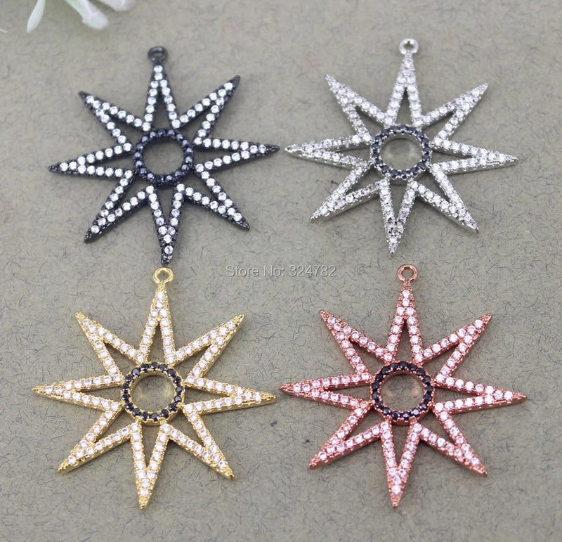5pcs CZ Star Pendant Beads, Copper Micro Pave for Necklace Making