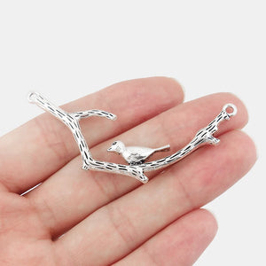 5pcs Bird on Branch Silver Metal Pendants for Jewelry Making