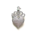 5pcs Crown Heart Charms Pendants Cubic Zirconia Paved Jewelry Findings