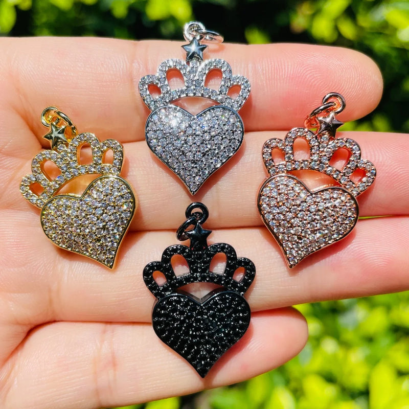 5pcs Crown Heart Charms Pendants Cubic Zirconia Paved Jewelry Findings