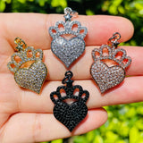 5pcs Crown Heart Charms Pendants Cubic Zirconia Paved Jewelry Findings