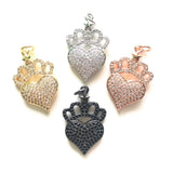 5pcs Crown Heart Charms Pendants Cubic Zirconia Paved Jewelry Findings