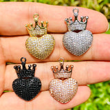 5pcs CZ Paved Crown Heart Charms Pendant Jewelry Making
