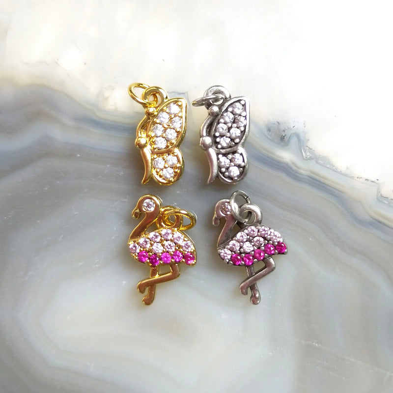 5pcs Silver Plated Golden Flamingo Butterfly Pendant Copper Small CZ Necklace