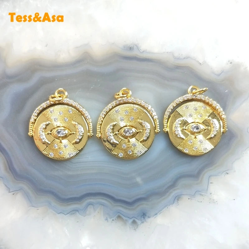 5pcs Double Moon CZ Paved Pendant Copper Vintage Style for DIY Women