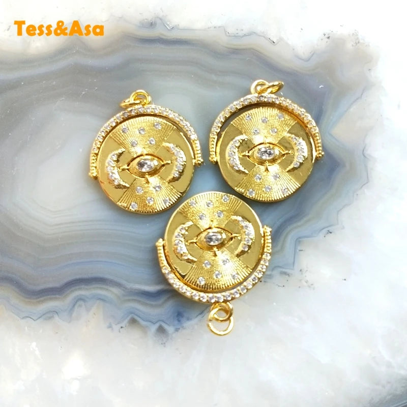 5pcs Double Moon CZ Paved Pendant Copper Vintage Style for DIY Women