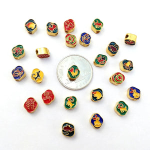5pcs Chinese Zodiac Beads Copper Gilded Cloisonne Enamel DIY Jewelry