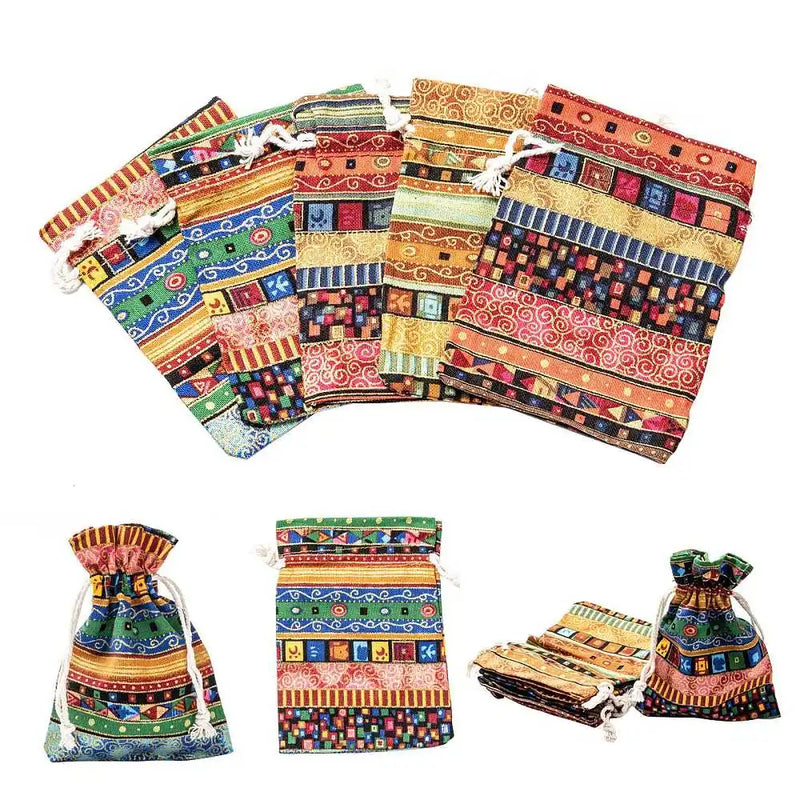 5pcs Ethnic Style Reusable Cloth Drawstring Bags Mixed Wedding Party Gift Sachet