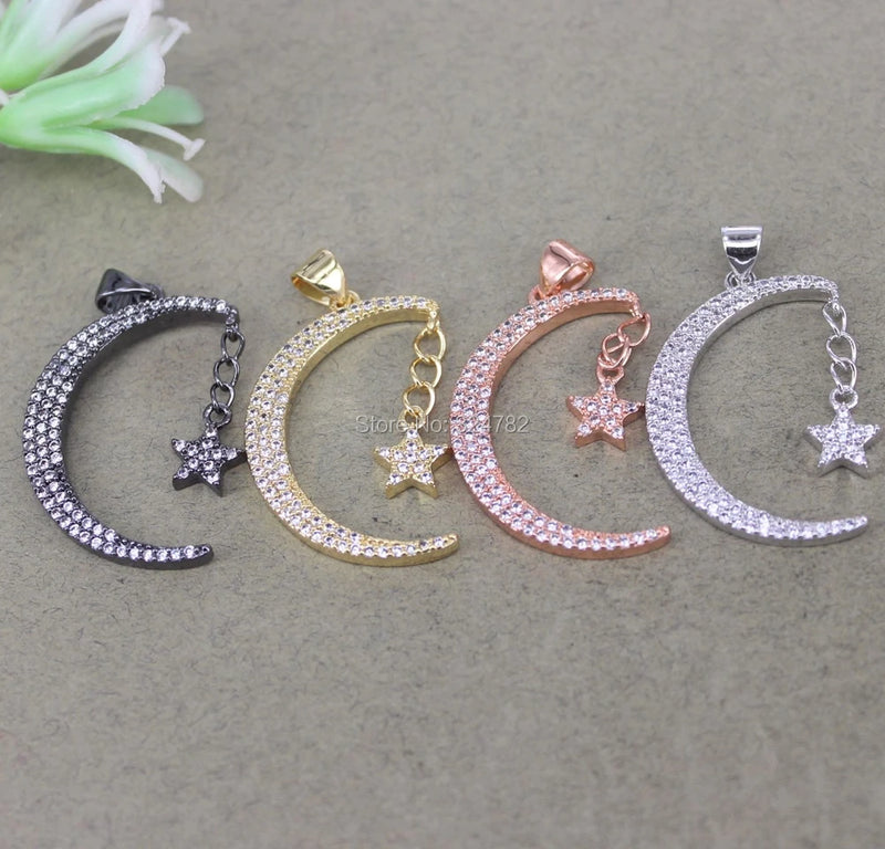 5pcs Copper Micro Pave CZ Moon Stars Pendant DIY Jewelry Making