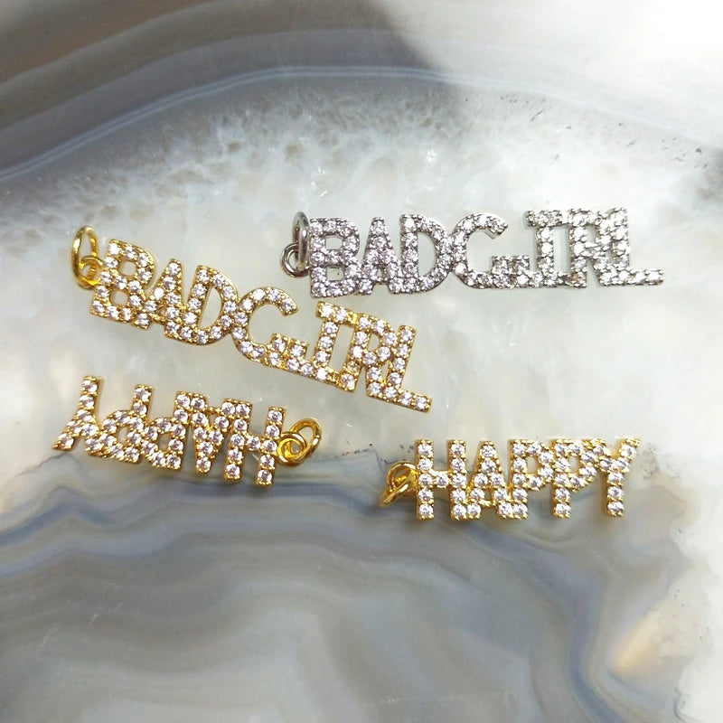 5pcs Unk HAPPY Letter Pendant BAD GIRL Plated Brass CZ DIY Charms