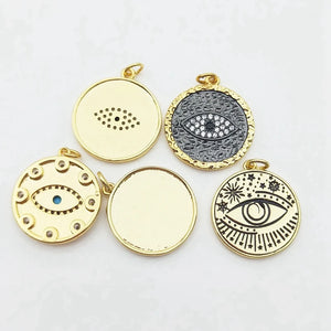 5pcs Plated Evil Eye Pendant Round CZ Delicate Coin Woman Earrings Necklace DIY
