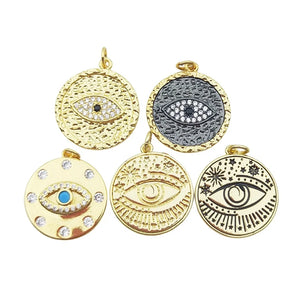 5pcs Plated Evil Eye Pendant Round CZ Delicate Coin Woman Earrings Necklace DIY