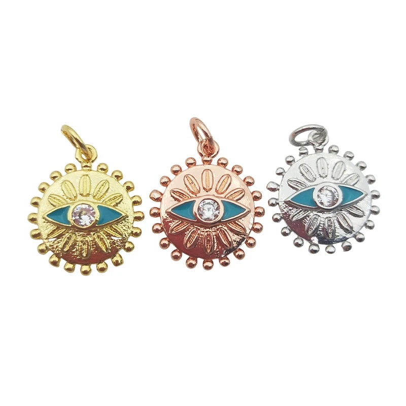 5pcs Pink Silver Evil Eye Sun Pendant Micro Cubic Zircon Charms
