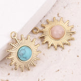 5pcs Gold-Plate Sun Flower Stainless Steel Charms Natural Stone Pendants