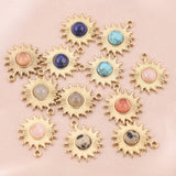 5pcs Gold-Plate Sun Flower Stainless Steel Charms Natural Stone Pendants