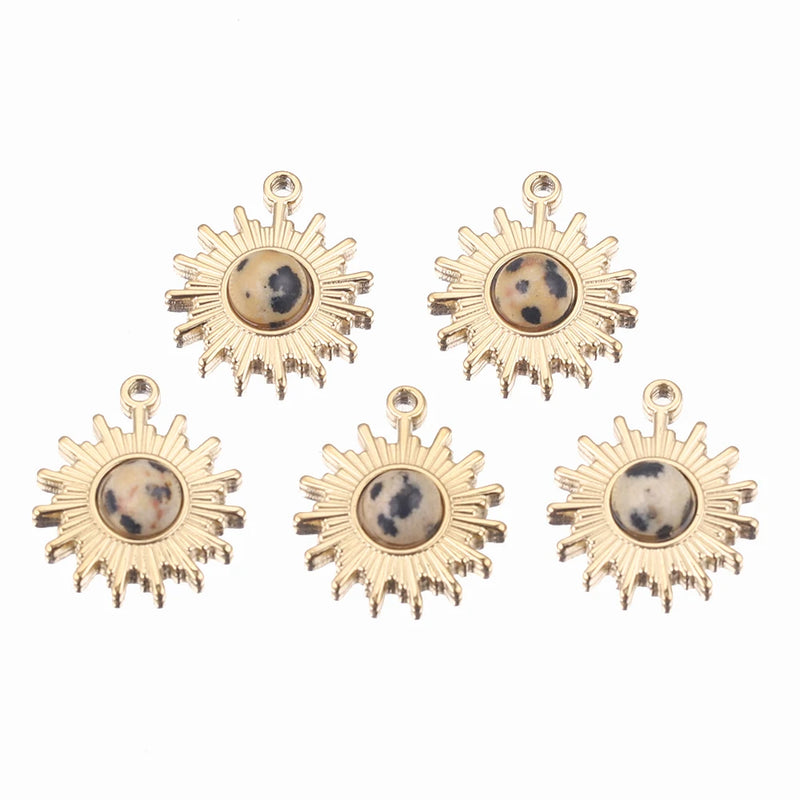5pcs Gold-Plate Sun Flower Stainless Steel Charms Natural Stone Pendants