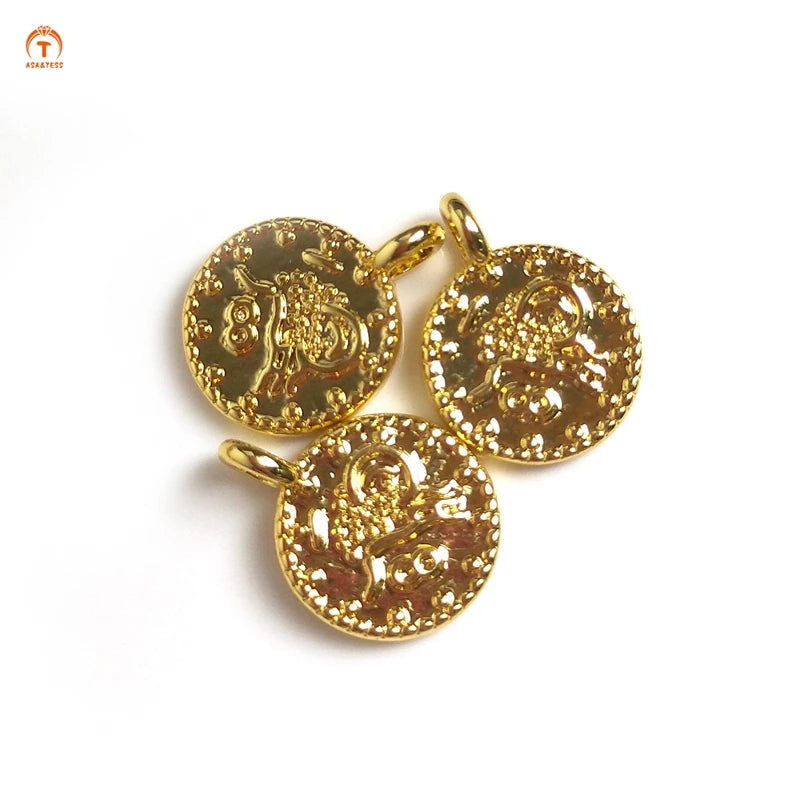 5pcs Antique Symbol Printed Coins Pendant Brass Charms DIY Jewelry