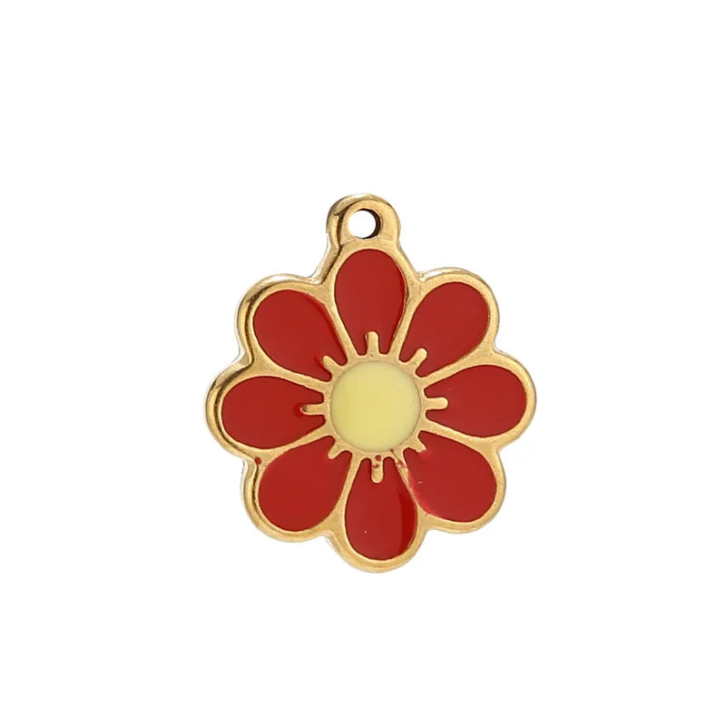 5pcs Plated Stainless Steel 19*22mm Enamel Flower Charm Pendants