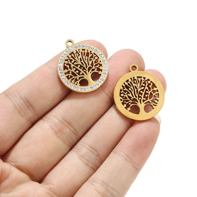 5pcs Plated Stainless Steel Charm Crystals Tree Pendants
