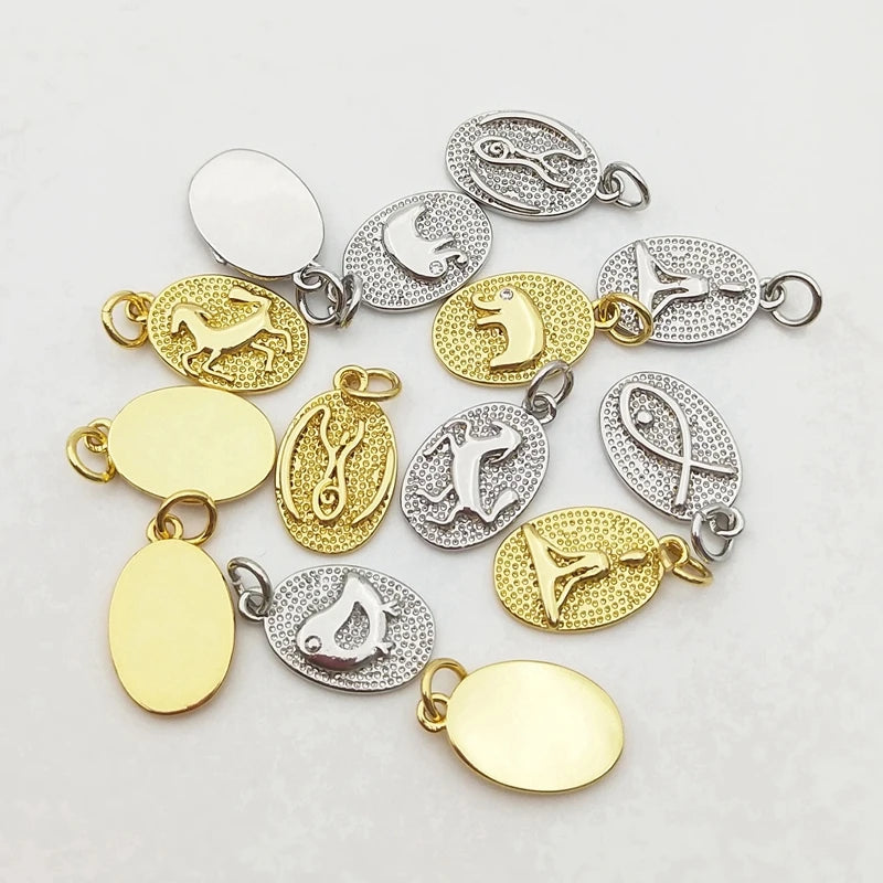 5pcs Silver Plated Oval Animal Pendant Micro Cubic Zircon Pave DIY Jewelry
